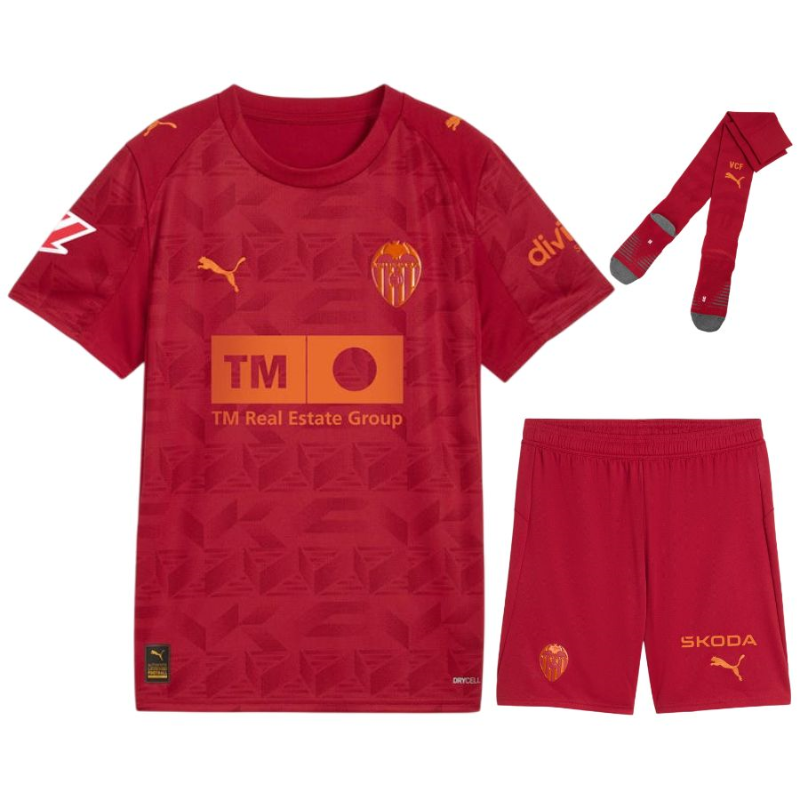 Valencia CF 2025/26 kit trasferta bambini– set ufficiale PUMA “Torino Red”